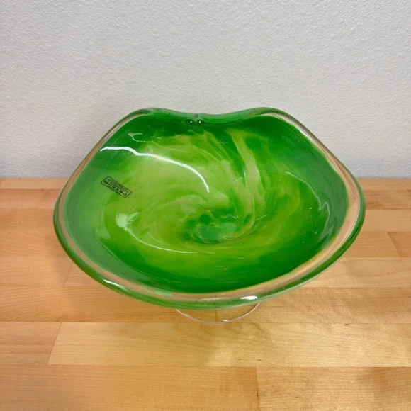 Murano Glass Pedestal Bowl Green Swirl Italian Art Glass Candy Dish